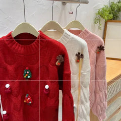 Christmas Tree Appliques Loose Pullovers Women O-neck Long Sleeve Knitted Sweaters Female Autumn Winter New Arrival Pull Femme New Year Aiertu
