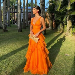 Annie Sexy V-neck Prom Dressess A-shaped Layered Cocktail Custom Evening Dress Orange Ladies Formal Gown Aiertu
