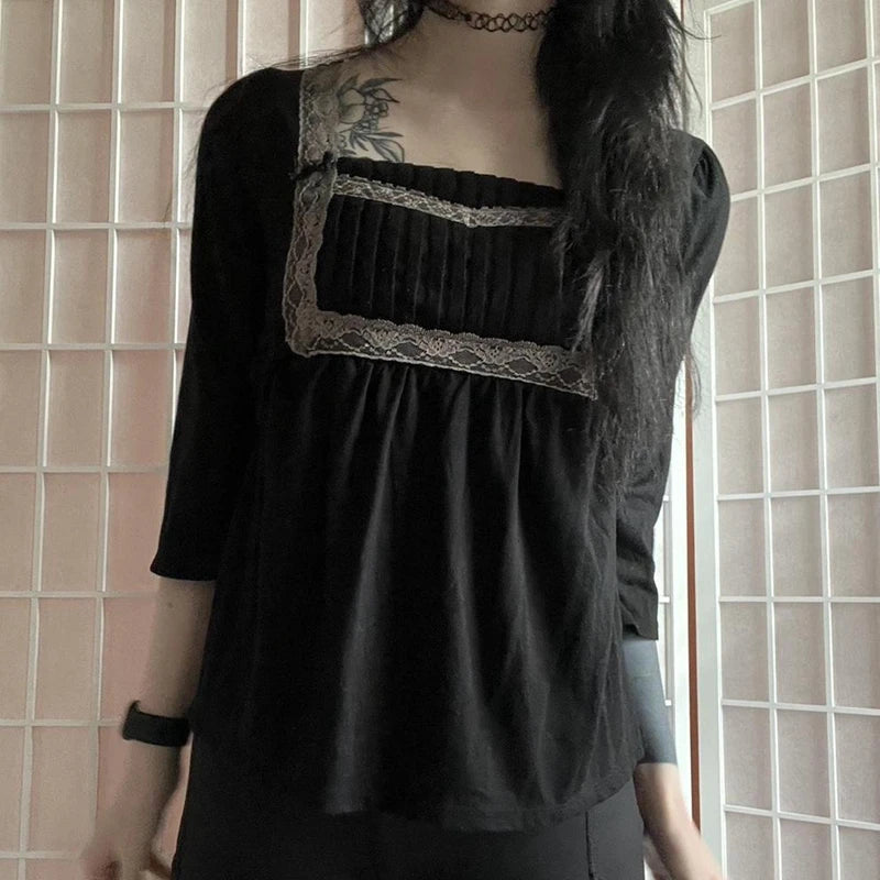 Kawaii Coquette Grunge T-shirt Lace Trim Square Collar Half Sleeve Milkmaid Tees 00s Retro Y2K Aesthetic Tie Up Waist Crop Tops Aiertu