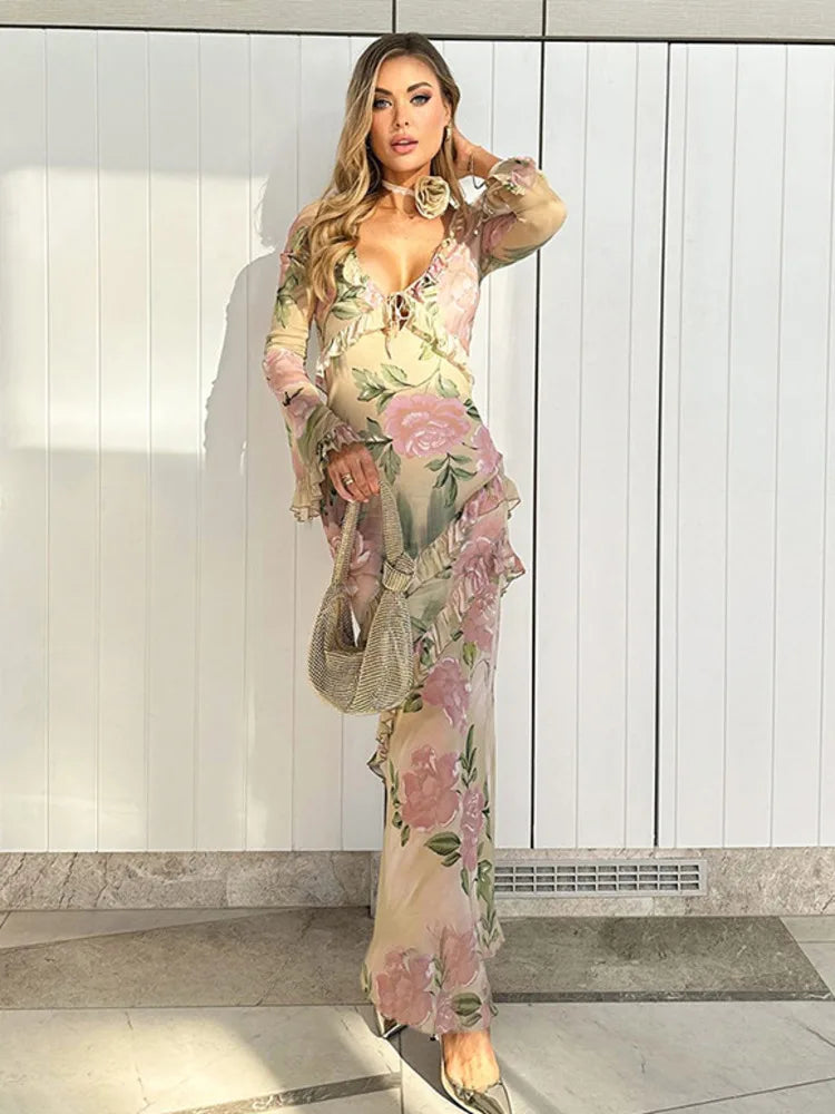Elegant V Neck Floral Print Long Sleeve Ruffles Maxi Dress For Women  Sexy Bodycon Beach Holiday Long Dresses