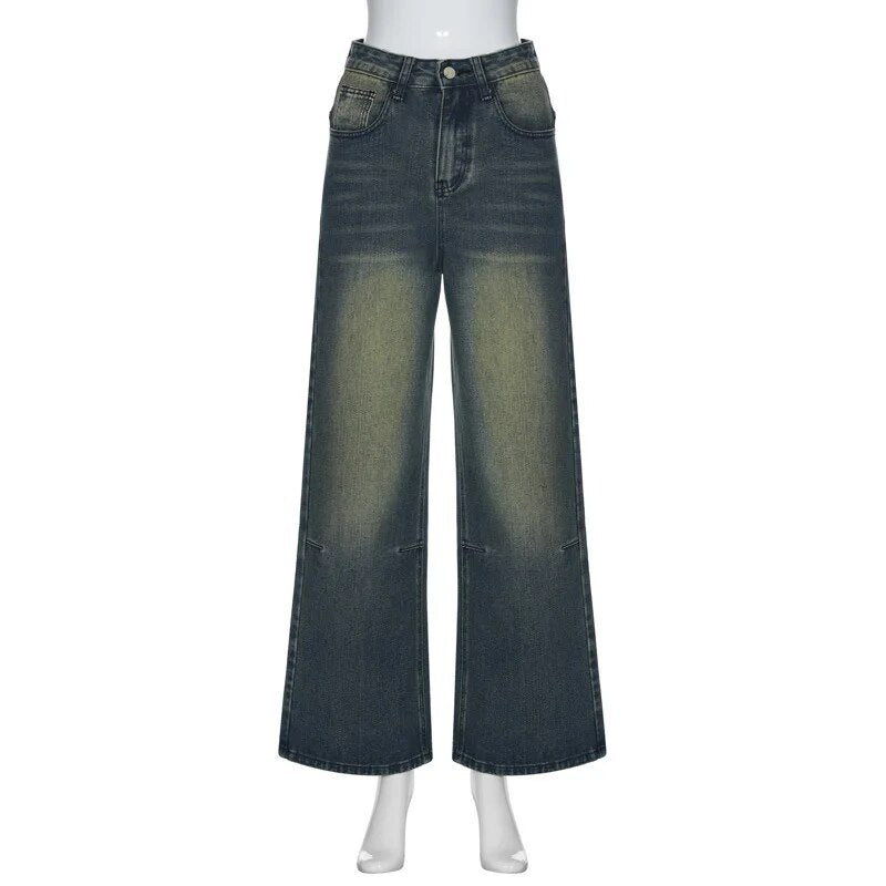 Vintage Wide Leg For Women Jeans Fashion New Jean Streetwear Zipper Pocket High Street Female Y2k Denim Trousers Aiertu
