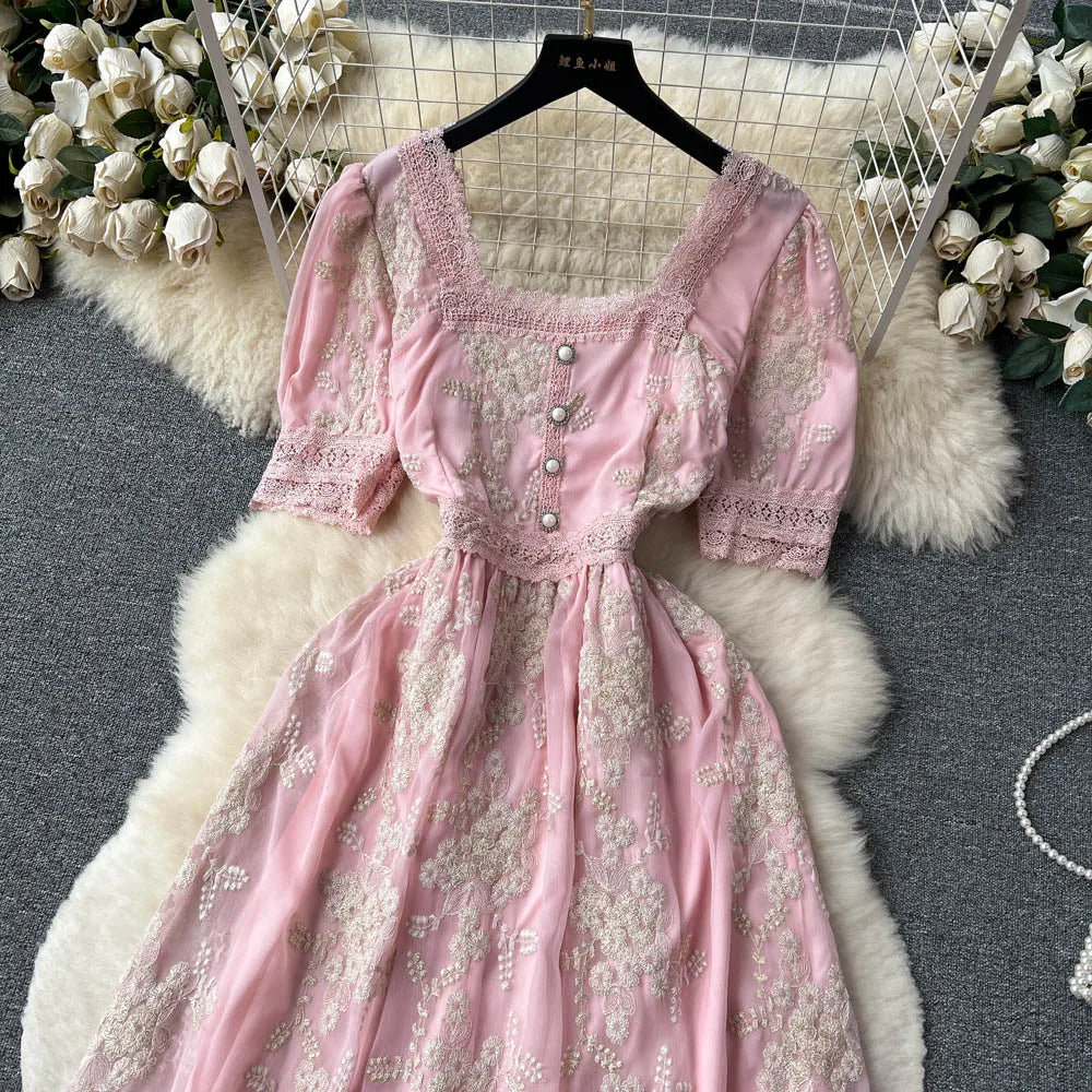 Aiertu  High Quality Lace Embroidery Long Dress Women Short Sleeves Mesh A Line Sundress French Vintage Floral Midi Dress Aiertu