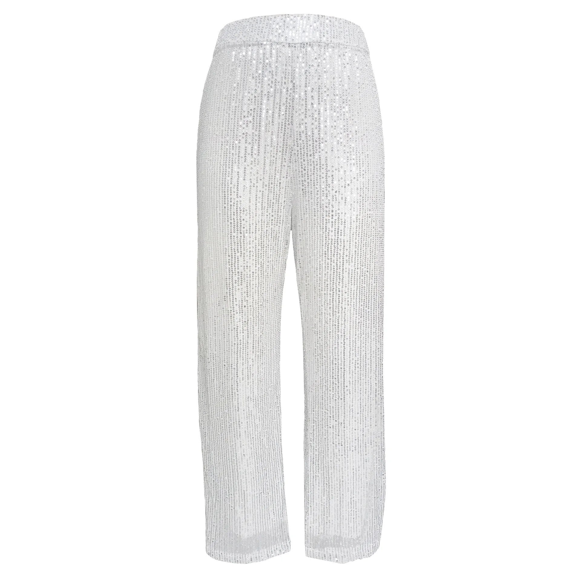 Silver Sequin Female Trousers High Waist Casual Luxury Party Outfit Trousers Fashion High Street Sparkle Straight Legg New Aiertu