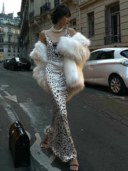 Elegant Deep V Neck Backless Slim Evening Long Dress Women Sexy Leopard Print Slip Maxi Dress Party Clubwear new