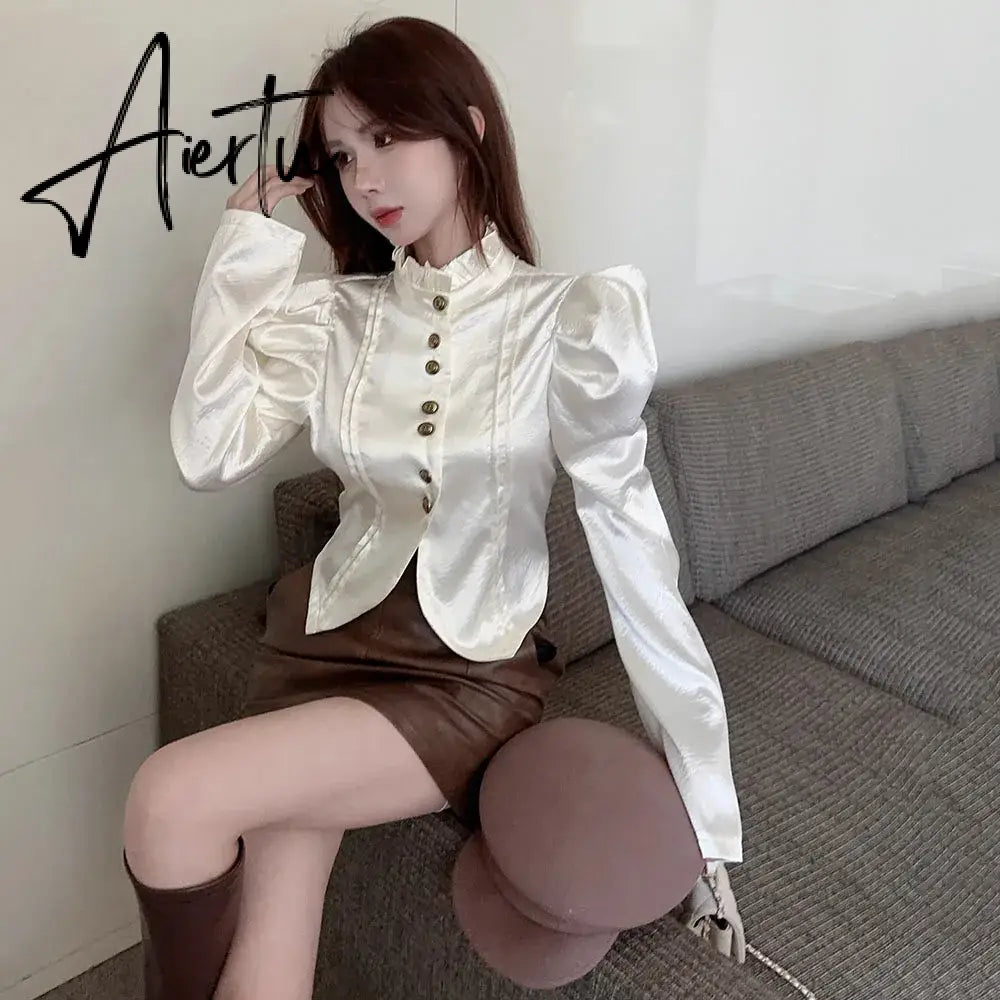 Aiertu 2024 Early Spring Fungus Edge Korean Shirts Autumn Bubble Sleeve Sweet Shirts For Woman Slim Bottoming Shirt Chic Crop Tops Lady Aiertu