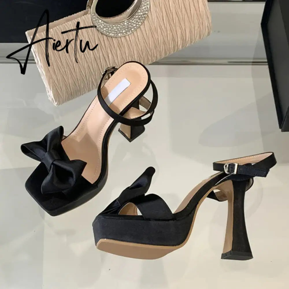 Aiertu  2024 New Brand Super High Heels Sexy Sandals Fashion Pink Silk Bowknot Square Open Toe Chunky Platform Shoes Women Pumps Aiertu