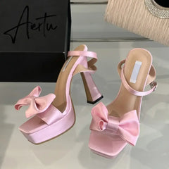 Aiertu  2024 New Brand Super High Heels Sexy Sandals Fashion Pink Silk Bowknot Square Open Toe Chunky Platform Shoes Women Pumps Aiertu