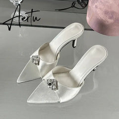Aiertu 2024 New CRYSTAL Sandals Pointed High Heel Slippers Elegant and Comfortable Summer Slim Heel Slippers Party Mules Shoes Aiertu