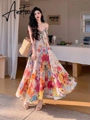 Aiertu 2024 Summer French Elegant Design Midi Dress Women Casual Floral One Piece Dress Korean Fashion Beach Y2k Strap Dress Chic New Aiertu