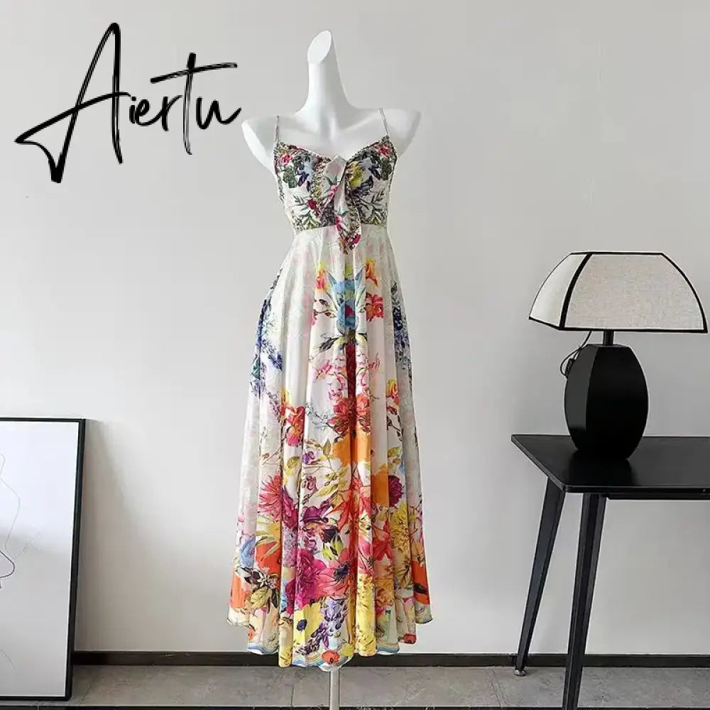 Aiertu 2024 Summer French Elegant Design Midi Dress Women Casual Floral One Piece Dress Korean Fashion Beach Y2k Strap Dress Chic New Aiertu
