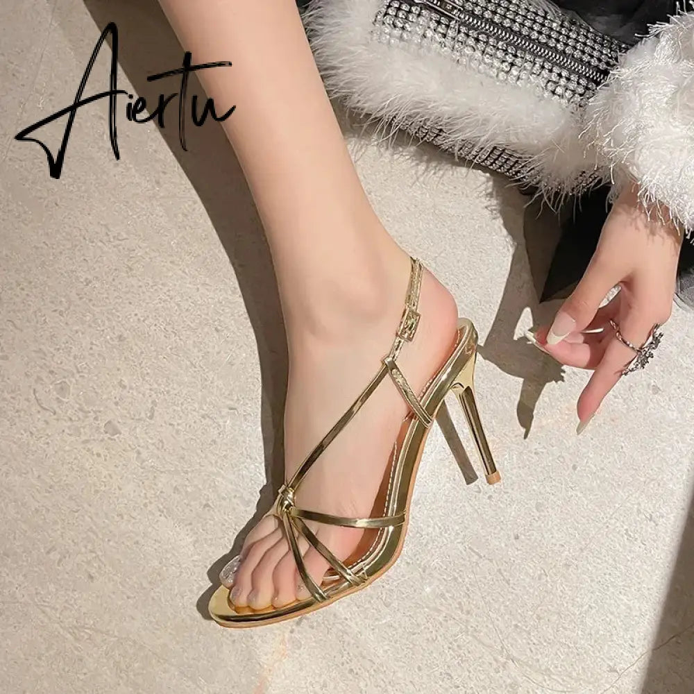Aiertu  2024 Summer Luxury Women Sandals Fashion Cross Buckle High Heels Gold Silver Sandals Banquet Party Wedding Shoes Aiertu