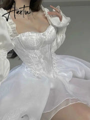 Aiertu 2024 Summer Pure Color Fairy Midi Dress Women White Elegant Evening Party Dress Beach Casual Long Sleeve Korean Fashion Dress Aiertu
