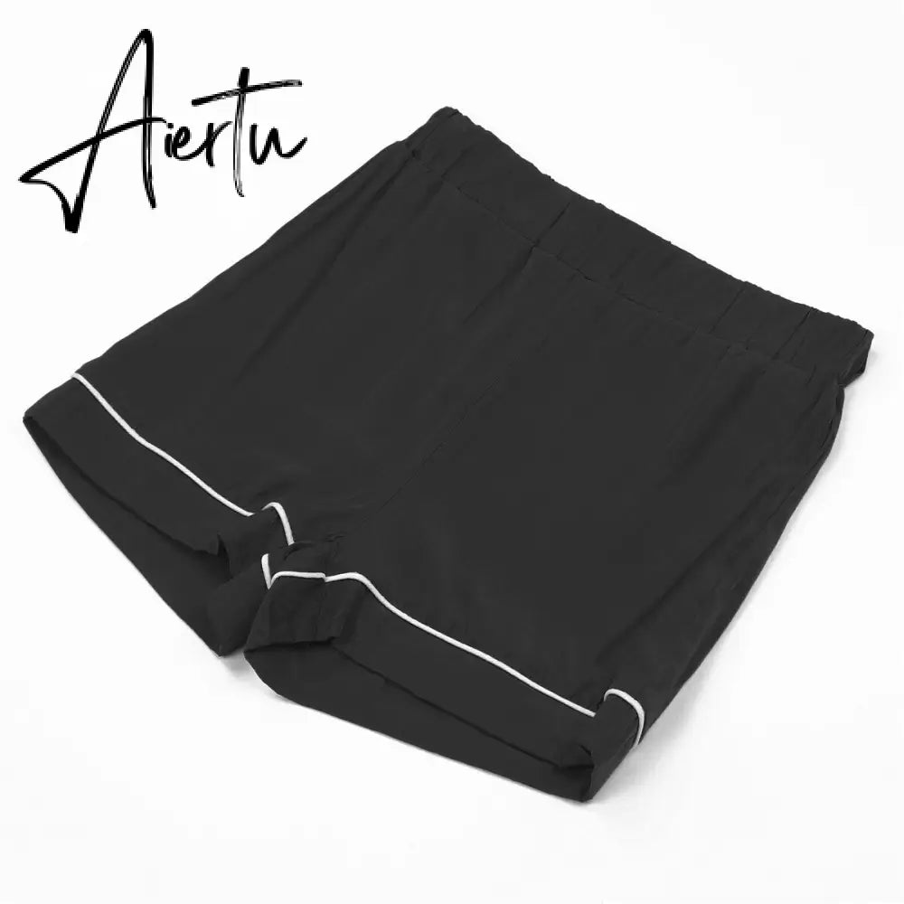 Aiertu 2Pcs Women Summer Silk Satin Pajama Set Solid Color Short Sleeve Button T-shirt+Elastic Waist Shorts Casual Sleepwear Underwear Aiertu