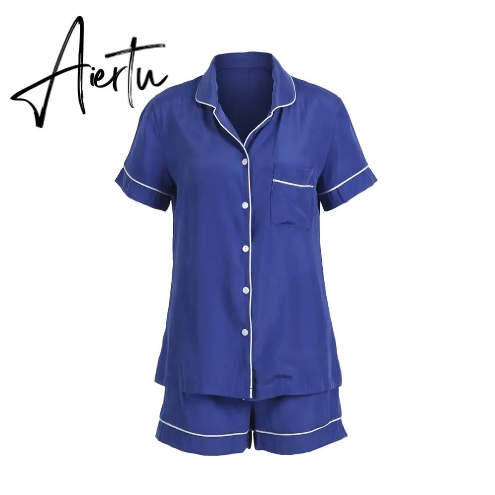 Aiertu 2Pcs Women Summer Silk Satin Pajama Set Solid Color Short Sleeve Button T-shirt+Elastic Waist Shorts Casual Sleepwear Underwear Aiertu
