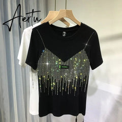 Aiertu  4XL Plus Size Chic Summer Diamond Short Sleeve T Shirt For Women Casual Solid Color O Neck T-shirt Ladies Streetwear Tees Top Aiertu
