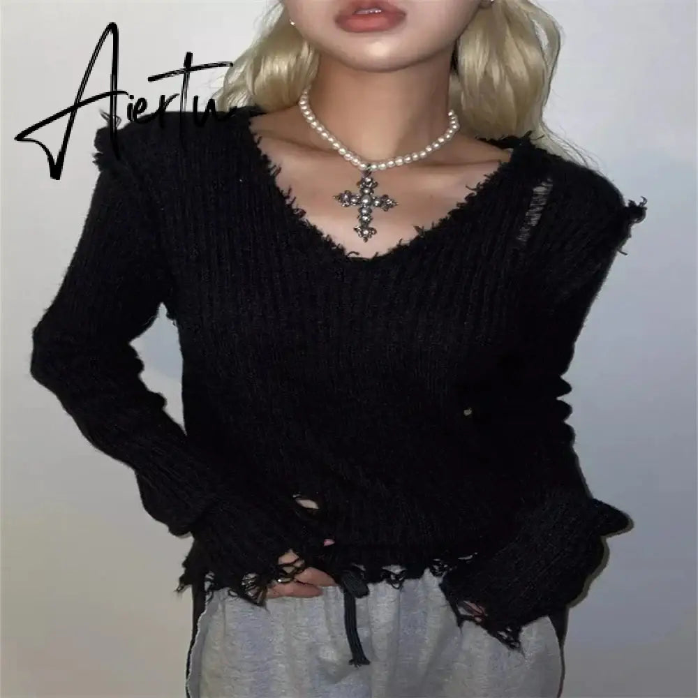 Aiertu 90s Vintage Dark Academia Knitted Sweater Punk Ripped Out Cropped Pullovers Y2K Mall Goth Harajuku Jumpers Chic Retro Grunge Aiertu