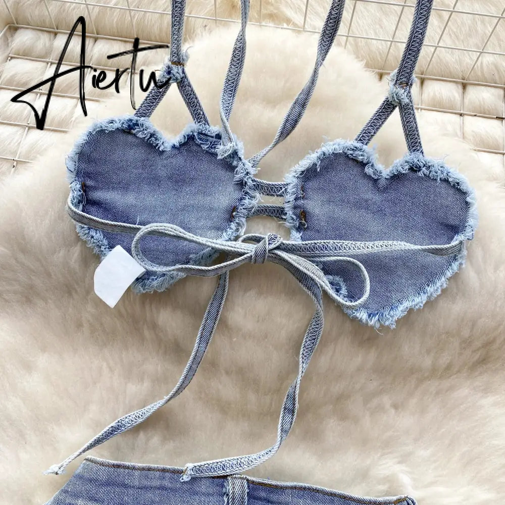 Aiertu American Hotsweet Sets Halter Sleeveless Backless Love Tops+High Waist Button Basics Shorts Fashion Sexy Denim Suits Aiertu
