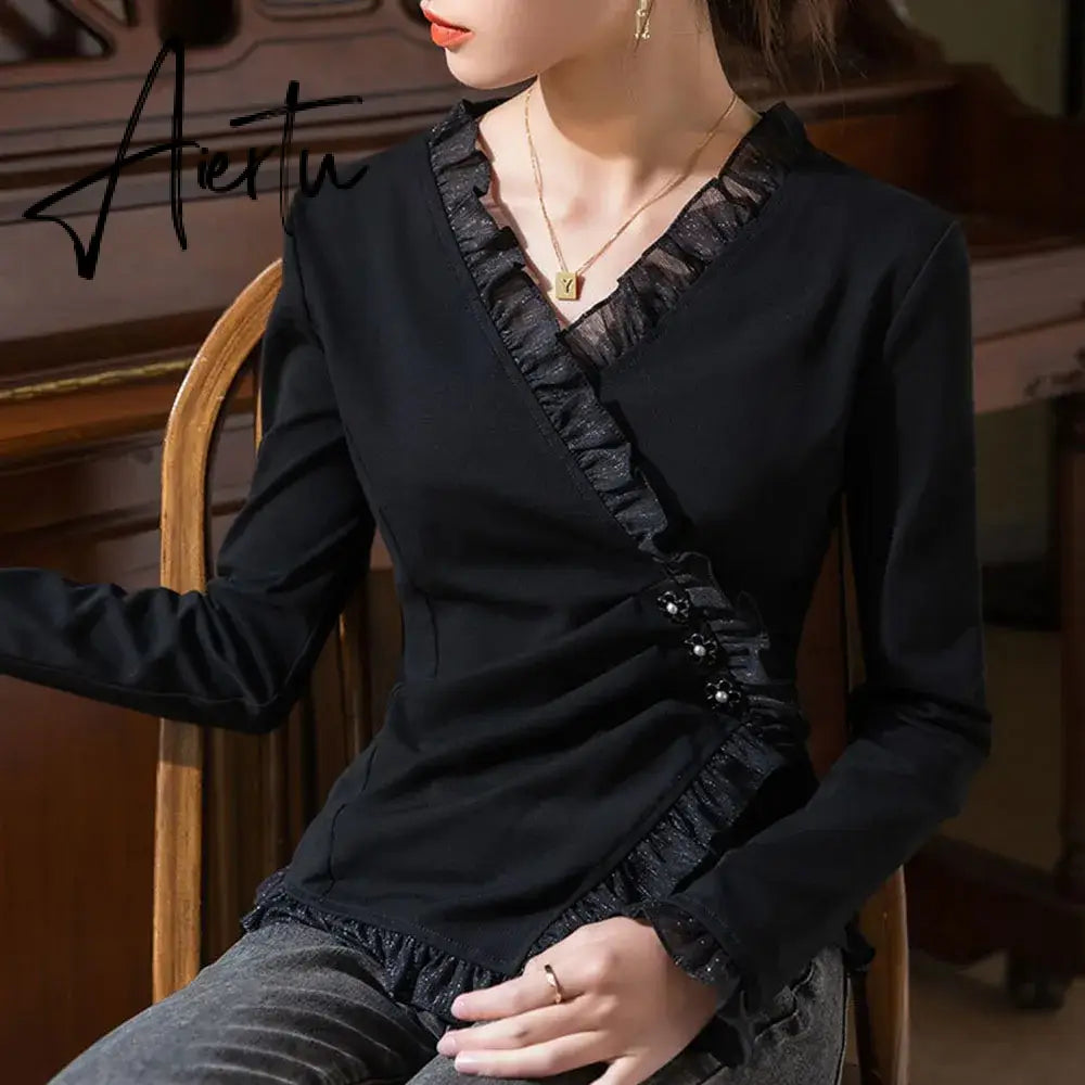 Aiertu Autumn Black Long Sleeve T-shirt For Women's  Solid Color Ruffle Irregular Tops Ladies Elegant Slim Tees Fashion Camisetas Aiertu