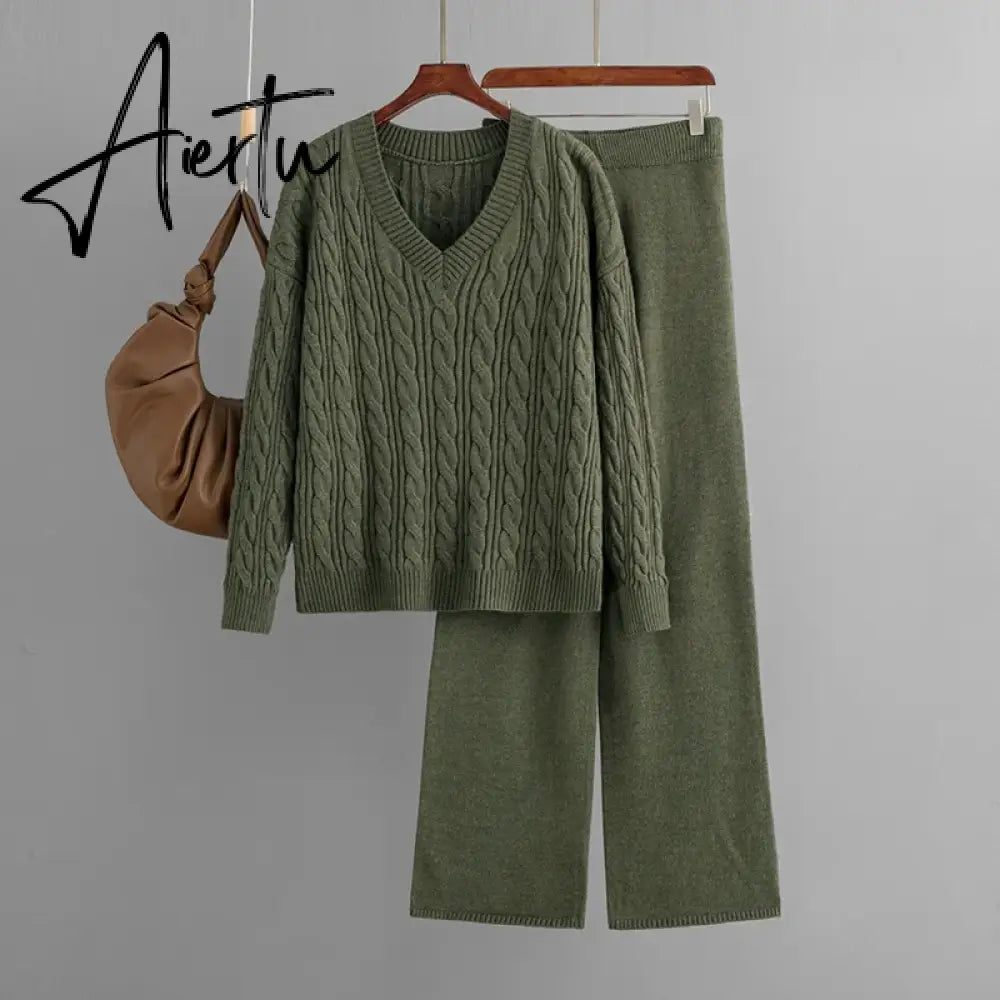 Aiertu  Autumn Loose Two Pieces Sets Women Twist Striped Sweater+Wide Legs Thick Long Pant Home Wear Casual Knitted Suits Aiertu