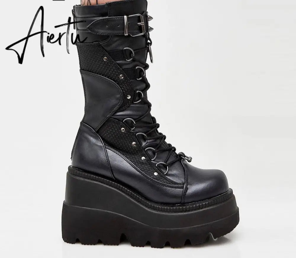 Aiertu Big Size 35-43 Brand Design Ladies High Platform Boots Fashion Rivet Goth High Heels Boots Women Cosplay Wedges Punk Shoes Woman Aiertu