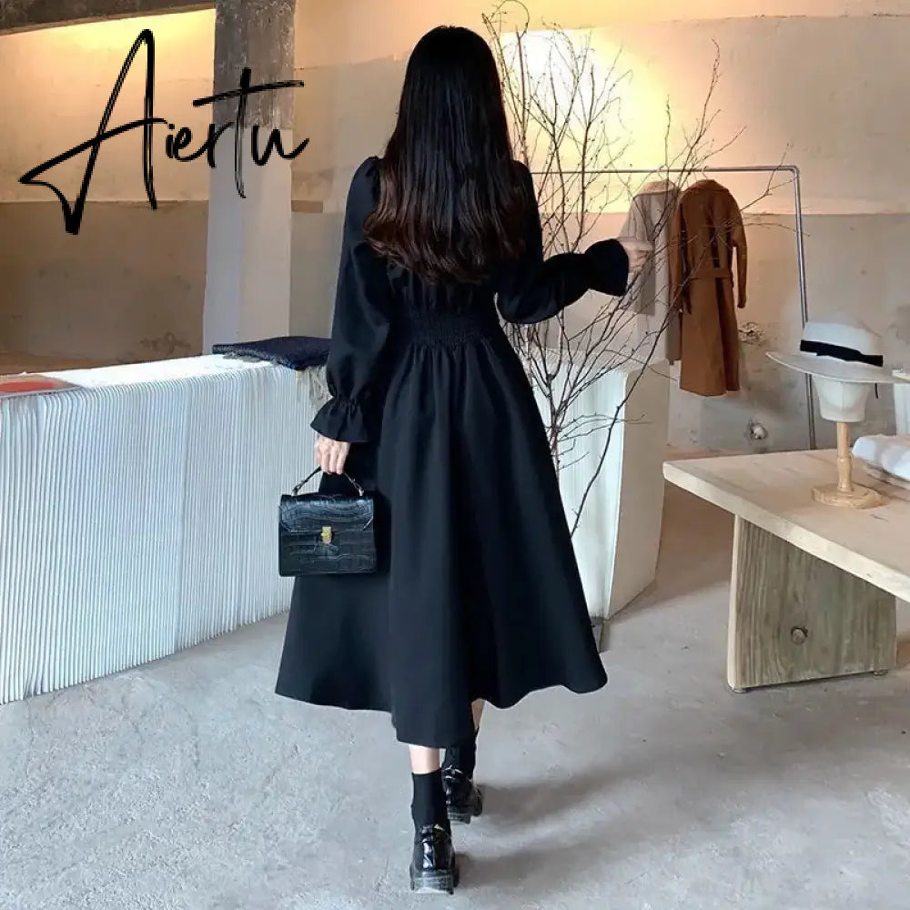 Aiertu  Black Elegant Dress Women Vintage Long Sleeve Spring Autumn Dresses Square Collar Oversize Loose Casual Robe Streetwear Aiertu