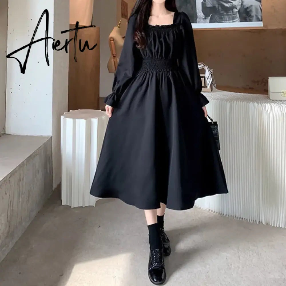 Aiertu  Black Elegant Dress Women Vintage Long Sleeve Spring Autumn Dresses Square Collar Oversize Loose Casual Robe Streetwear Aiertu