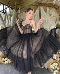 Aiertu  Black Formal Evening Gowns Polka Dot Party Dress Mid Length Celebrity Graduation Short Prom Dresses Sukienka Wieczorowa Aiertu
