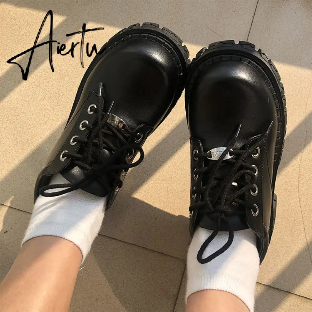 Aiertu  Black Vintage Shoes Women autumn Fashion Comfortable Lace Up Platform Oxford Loafers Casual Boat Shoes Lolita Shoes Platform Aiertu