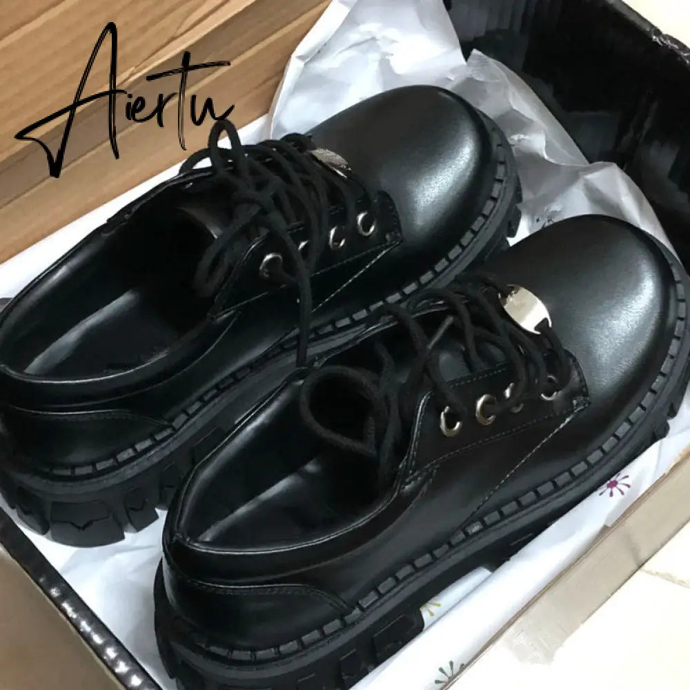 Aiertu  Black Vintage Shoes Women autumn Fashion Comfortable Lace Up Platform Oxford Loafers Casual Boat Shoes Lolita Shoes Platform Aiertu