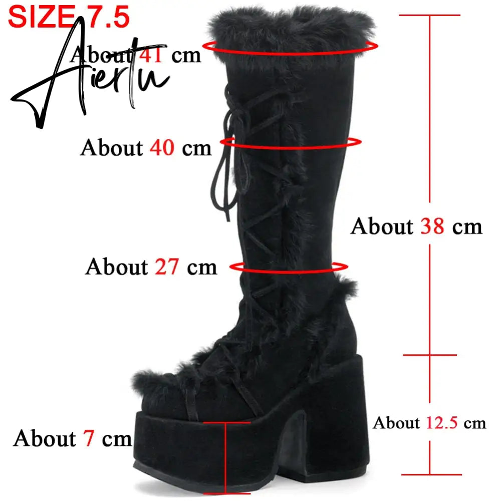 Aiertu Brand Designer Fur Gothic Chunky Block Heel Women Boots High Heel Platform Cosplay Casaul Party Warm Boots Shoes Women Aiertu