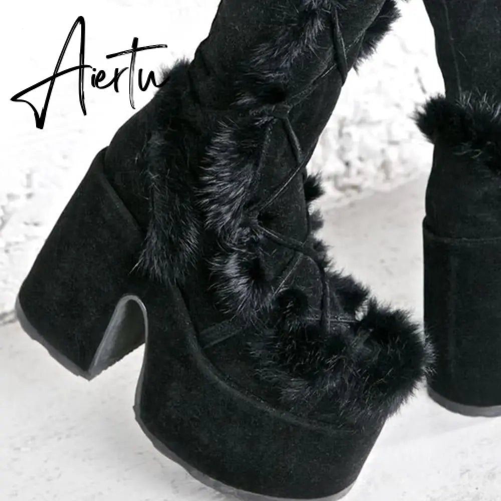 Aiertu Brand Designer Fur Gothic Chunky Block Heel Women Boots High Heel Platform Cosplay Casaul Party Warm Boots Shoes Women Aiertu