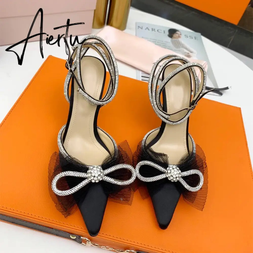 Aiertu Brand Fashion Big Bowknot Women Pumps Luxury Crystal Satin High heels Party Prom Shoes Ankle Strap Summer Wedding Bridal Shoes Aiertu