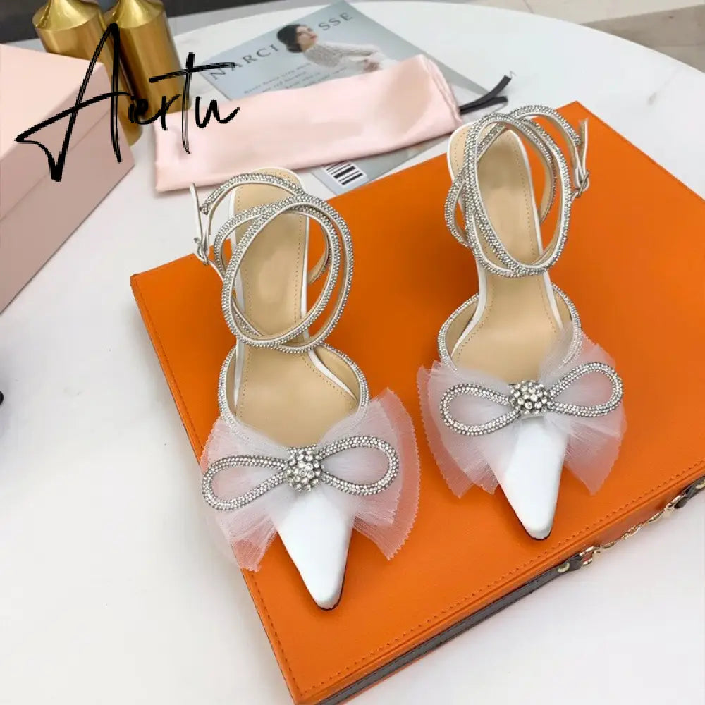 Aiertu Brand Fashion Big Bowknot Women Pumps Luxury Crystal Satin High heels Party Prom Shoes Ankle Strap Summer Wedding Bridal Shoes Aiertu