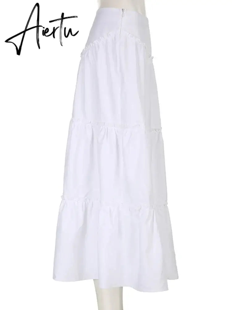 Aiertu  Casual Basic Solid A-Line Skirt Holiday Fashion Mid-Waisted Pleated Maxi Skirts Women  Autumn Winter Streetwear Aiertu