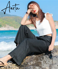 Aiertu Casual Cotton Linen wide leg Beach pants bohemian loose pants female  vintage high waist Solid color straight trousers women Aiertu