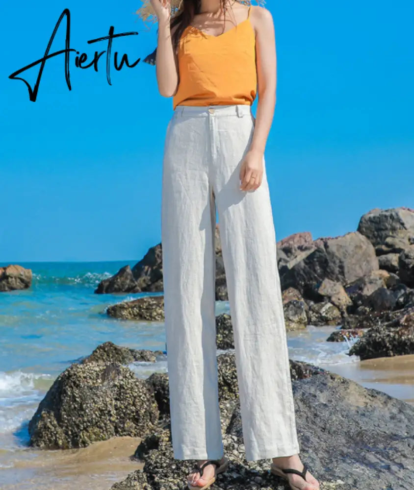 Aiertu Casual Cotton Linen wide leg Beach pants bohemian loose pants female  vintage high waist Solid color straight trousers women Aiertu