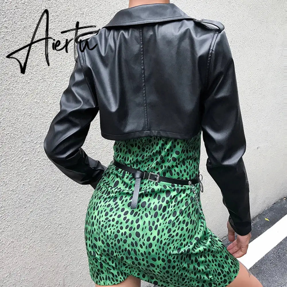 Aiertu  Casual Leather Cropped Jacket Women Long Sleeve Short Coat Streetwear Black Basic Jacket Female Harajuku Autumn Aiertu