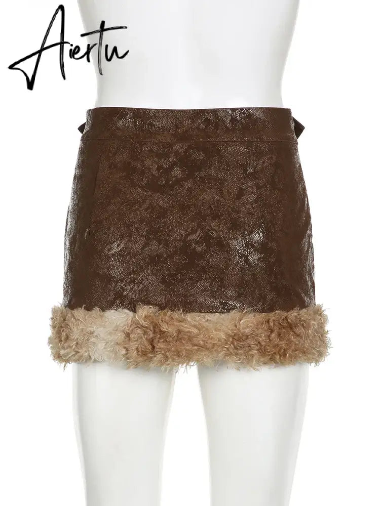 Aiertu  Casual Patchwork Fur Trim  Skirt With Belt Slim Solid High Waist Mini Skirts Women 2024 Autumn Winter Fashion Aiertu