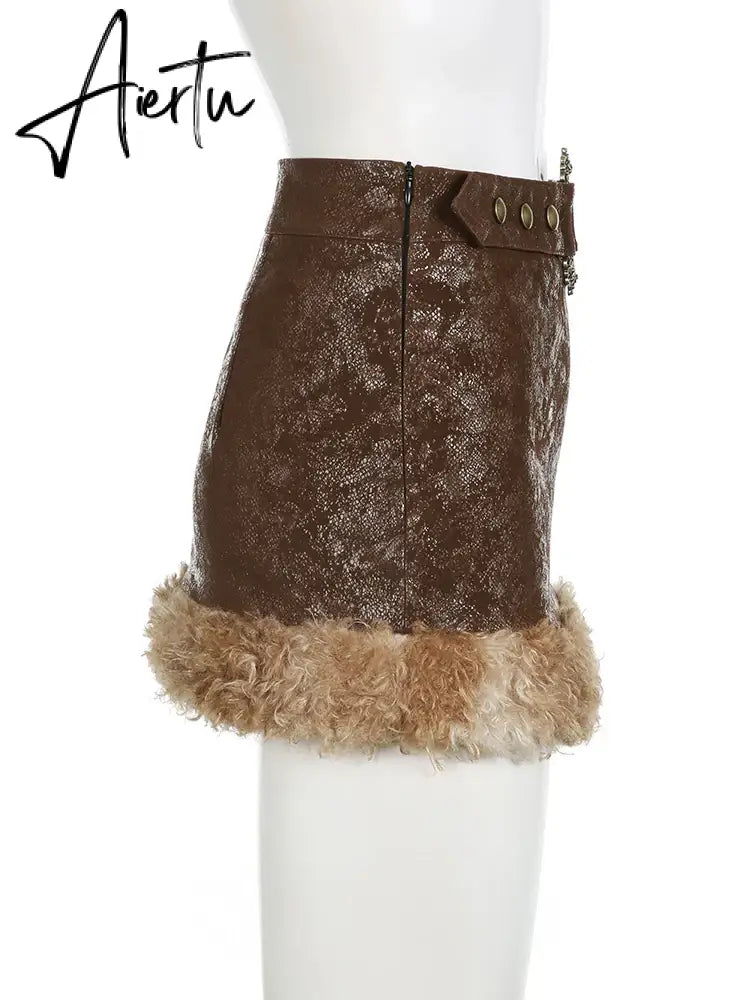 Aiertu  Casual Patchwork Fur Trim  Skirt With Belt Slim Solid High Waist Mini Skirts Women 2024 Autumn Winter Fashion Aiertu