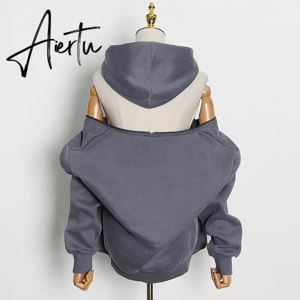 Aiertu  Casual Solid Sweatshirt For Women Hooded Collar Long Sleeve Hollow Out Minimalist Sweatshirts Female Fashion Fall Aiertu