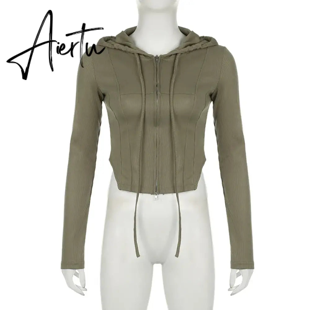 Aiertu  Casual Streetwear Hooded Split Jackets Basic Solid Slim Zipper Long Sleeve Coats Women  Autumn Winter Fashion Lady Aiertu