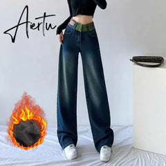 Aiertu Chic Double Waistband Vintage Wide Leg Jeans Women Autumn High Waist Bagge Cargo Pants Woman Y2K Streetwear Loose Denim Trousers Aiertu