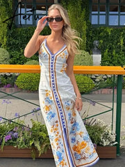 Aiertu Chic Printed Hanging Neck Maxi Dress for Women 2024 Fashion Summer Sleeveless Female Dresses Vacation Beach Lady Backless Robes Aiertu