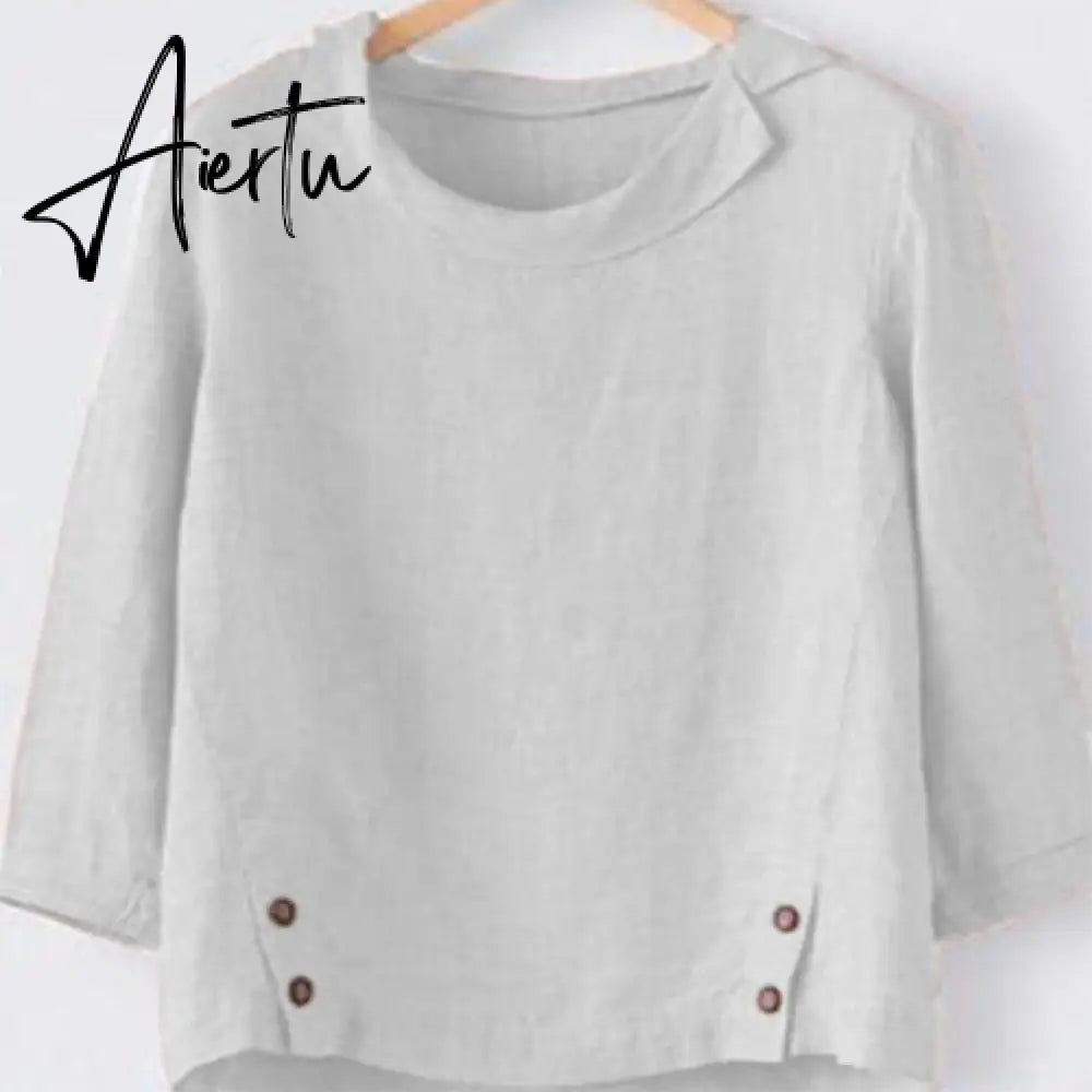 Aiertu Cotton Linen New Women Autumn Plus Size 5XL Long Sleeve Button Solid Color Casual T Shirts Women Fashion Clothing Aiertu
