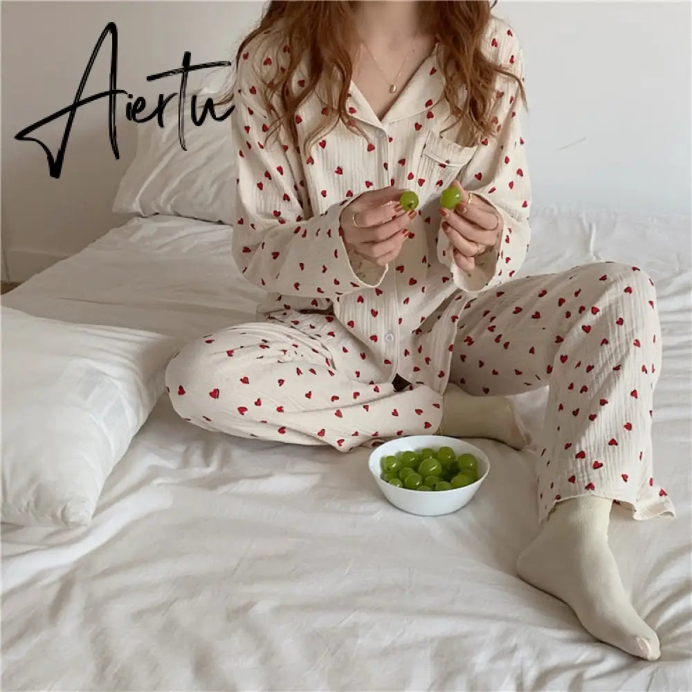Aiertu Cotton Pajamas Set Comfortable Long Sleeve Lovely Sweet Leisurewear Home Suit Spring Sleepwear Soft Korean Heart Print Kawaii Aiertu