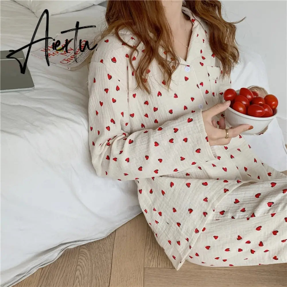 Aiertu Cotton Pajamas Set Comfortable Long Sleeve Lovely Sweet Leisurewear Home Suit Spring Sleepwear Soft Korean Heart Print Kawaii Aiertu