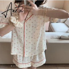 Aiertu  Cotton Suits with Shorts Girl Korean Women's Pajamas Kawaii Pyjama Cherry Print Pijama Short Sleeve Sleepwear Nightie Pjs Aiertu