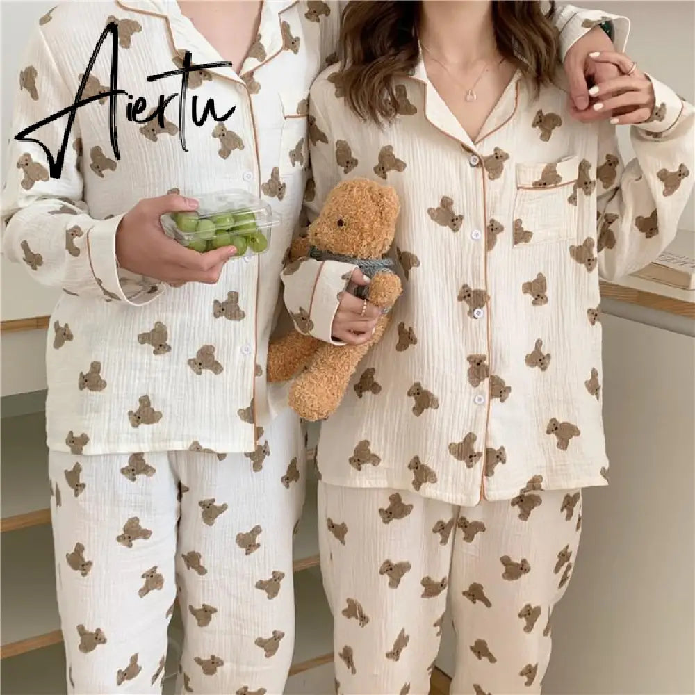 Aiertu  Cotton Women's Pajamas Kawaii Sleepwear Bear Print Couple Nightwear Cute Cartoon Print Pijama 2 Piece Set Pyjamas for Man Aiertu
