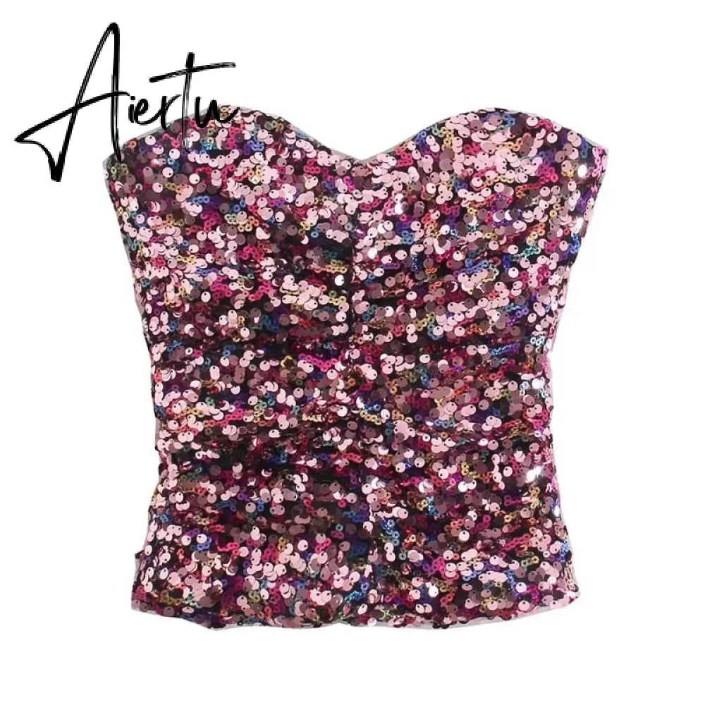 Aiertu   Cropped Sequin Top Woman Strapless Backless Tube Sexy Tops Women  Sleeveless Y2K Off Shoulder Corset Crop Top Aiertu