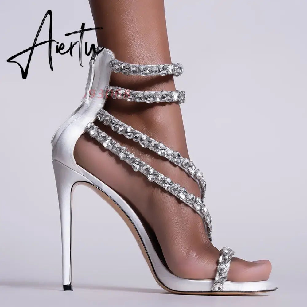 Aiertu  Crystal Straps Women Sandals Back Zipper High Thin Heels Ankle Wrap Sandals Narrow Band Sweet Fashion Casual Party Female Pumps Aiertu